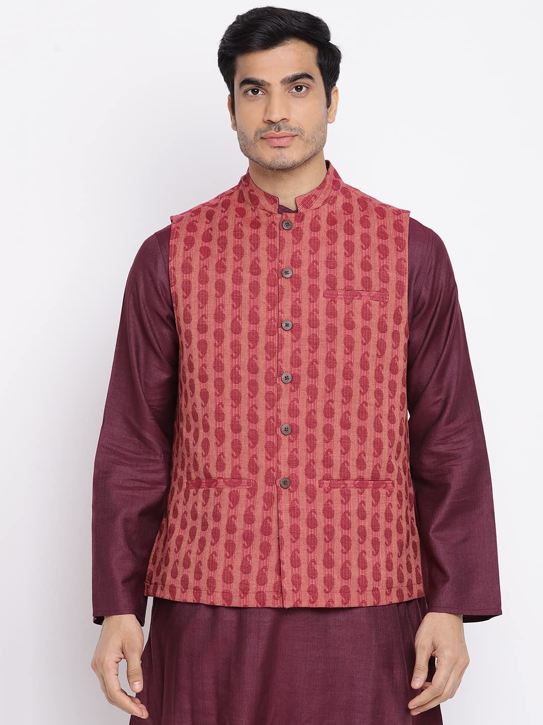 Fabindia Men Cotton Regular Fit Nehru Jacket Maroon_S