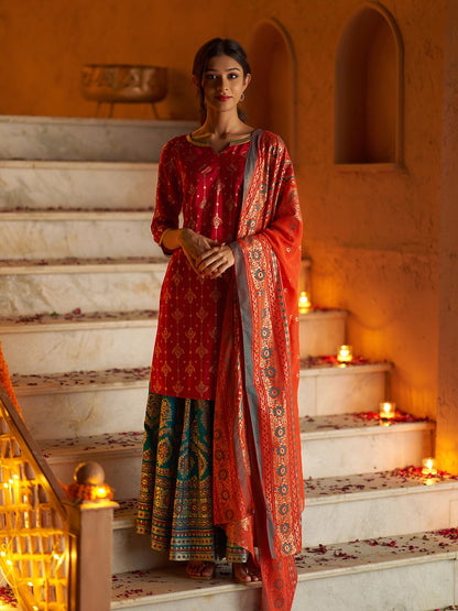 Aurelia Women's Red Shantung Printed Festive Kurta, Skirt and Dupatta Set