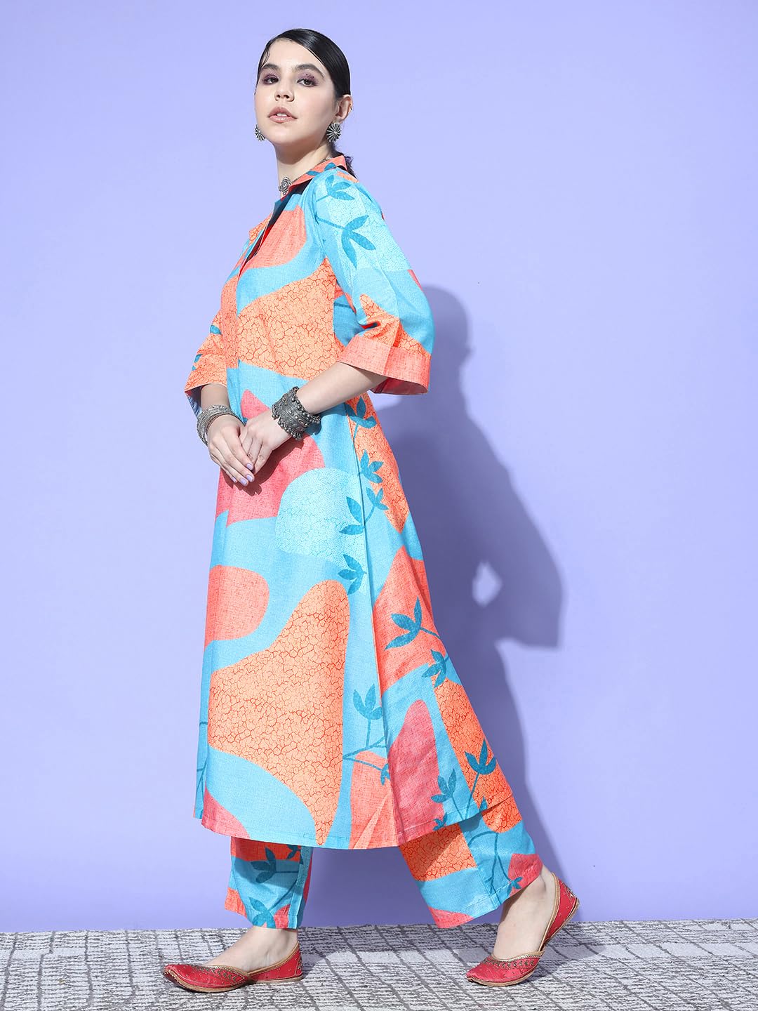 Varanga Women Blue and Rust Abstract Printed Shirt Collar A-Line Kurta Paired with Tonal Bottom