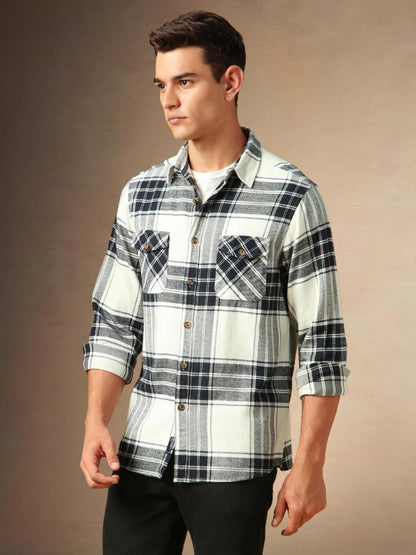 Dennis Lingo Men Flannel Check 100%-Cotton Relaxed-Fit Full-Sleeves Shirts White