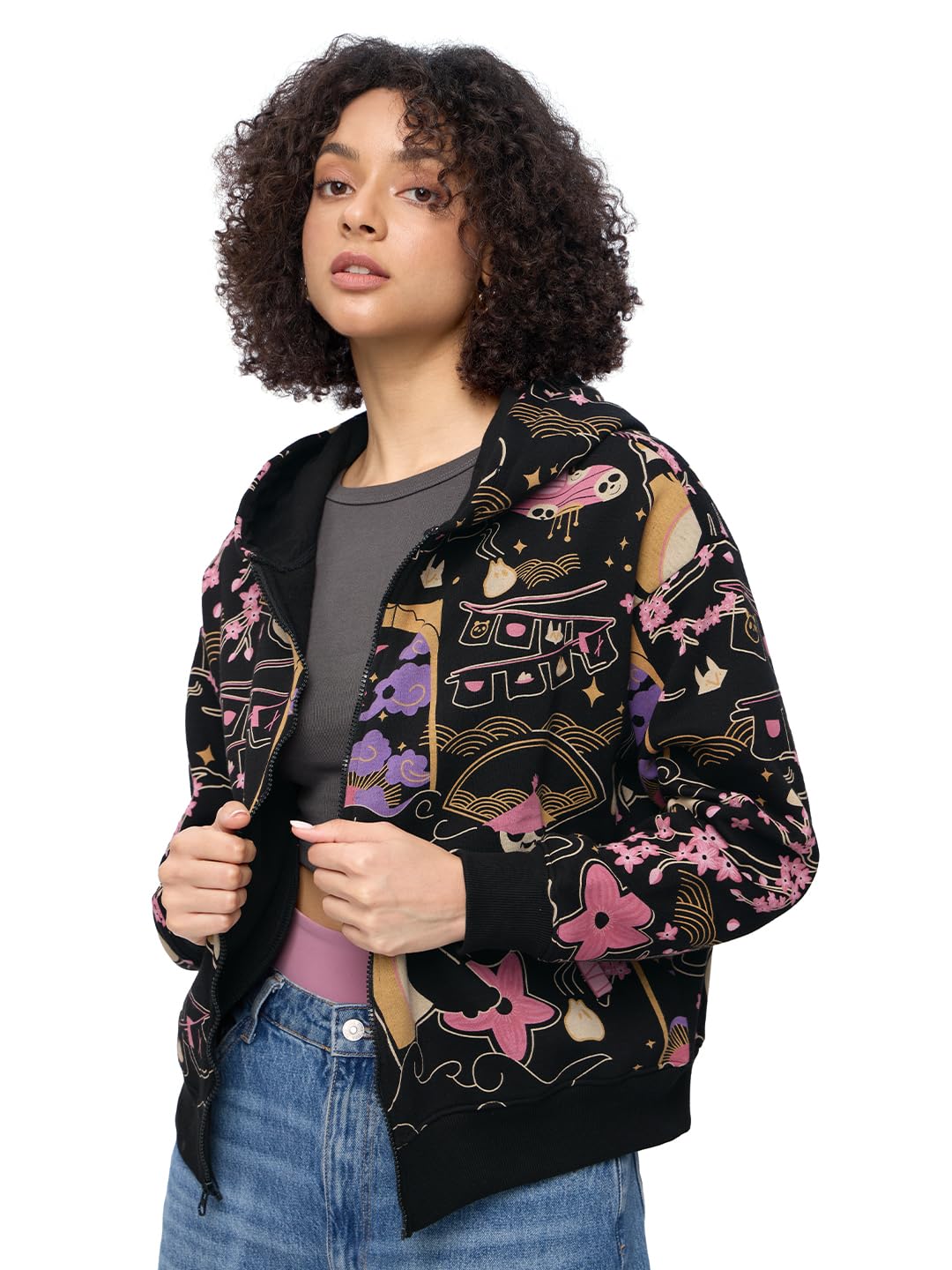 The Souled Store Kung Fu Panda: Warrior Women and Girls Long Sleeves Hooded Neck Zipper Front Black All Over Printed Cotton Blen