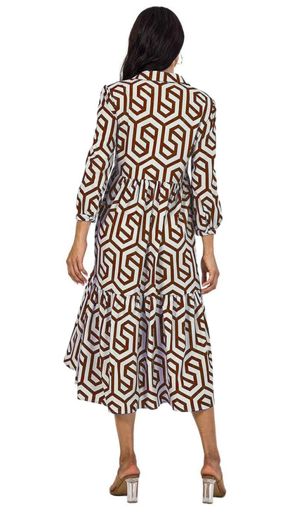 Shasmi Women & Girls Solid Maroon Geometric Print Collared Dress With Long Cuffed Sleeves, Panelled Hem And A Button-Up Front Ga