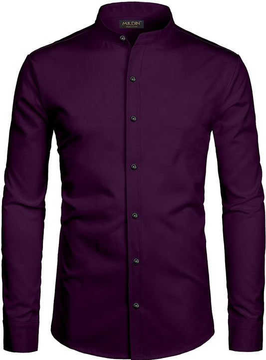 Mildin MenS Regular Cotton Blend Purple Slim Fit Solid Button Down Mandarin Chinese Collar Full Sleeve Curved Hemline Casual Sh
