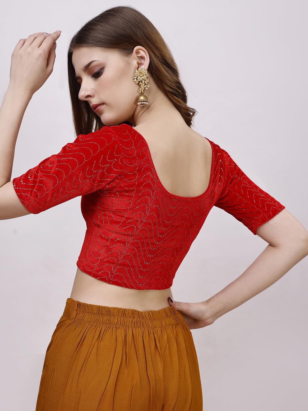 Pujia Mills WomenS Readymade Hosiery Velvet Lycra Stretchable Round Neck Half Sleeve Blouse With Jari Work Fancy Red Color Lycr