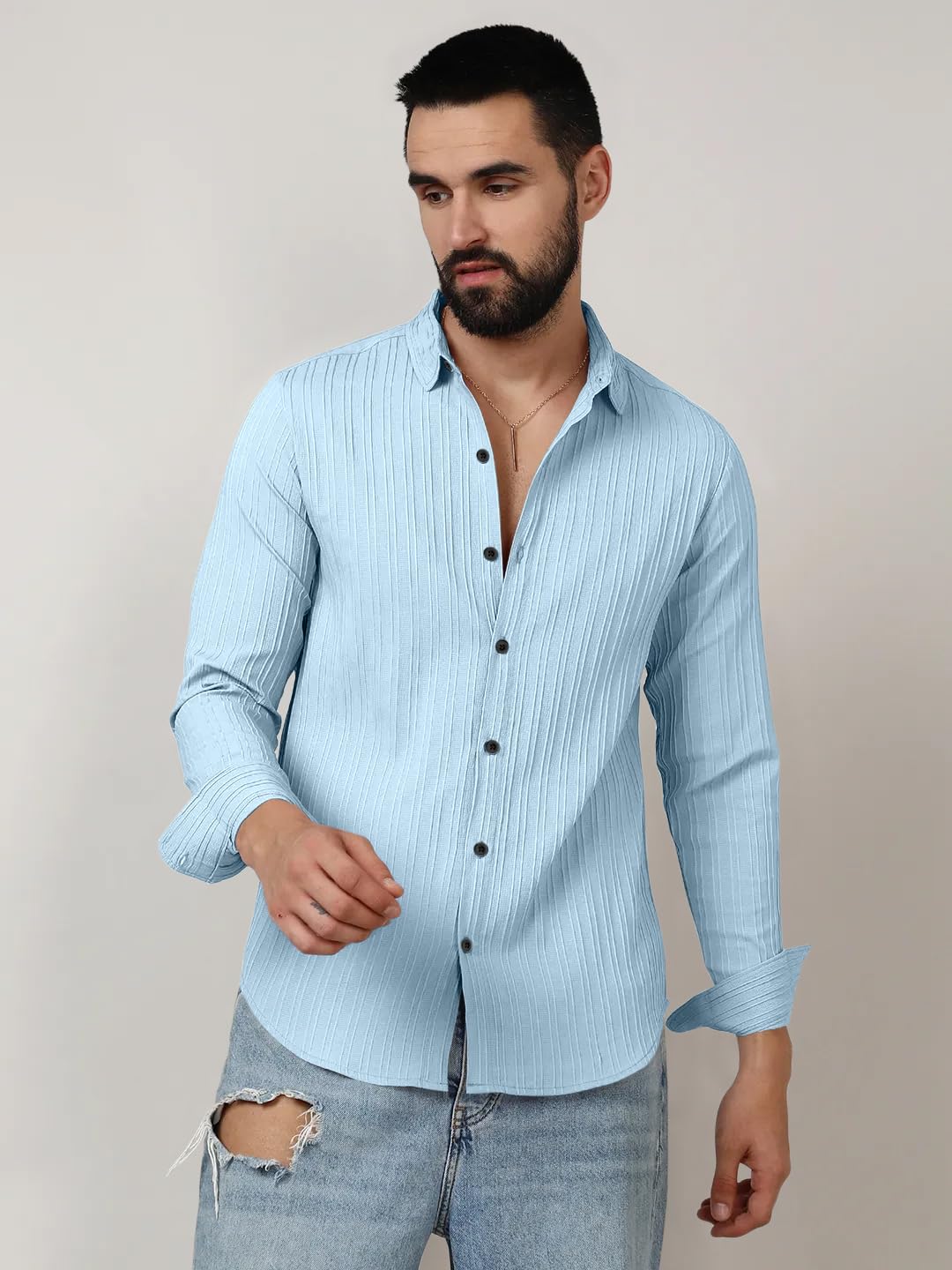 Finivo Fashion MenS Casual Cotton Plain Button Down Shirts Long Sleeve Textured Summer Beach Shirt For Men Sky Blue