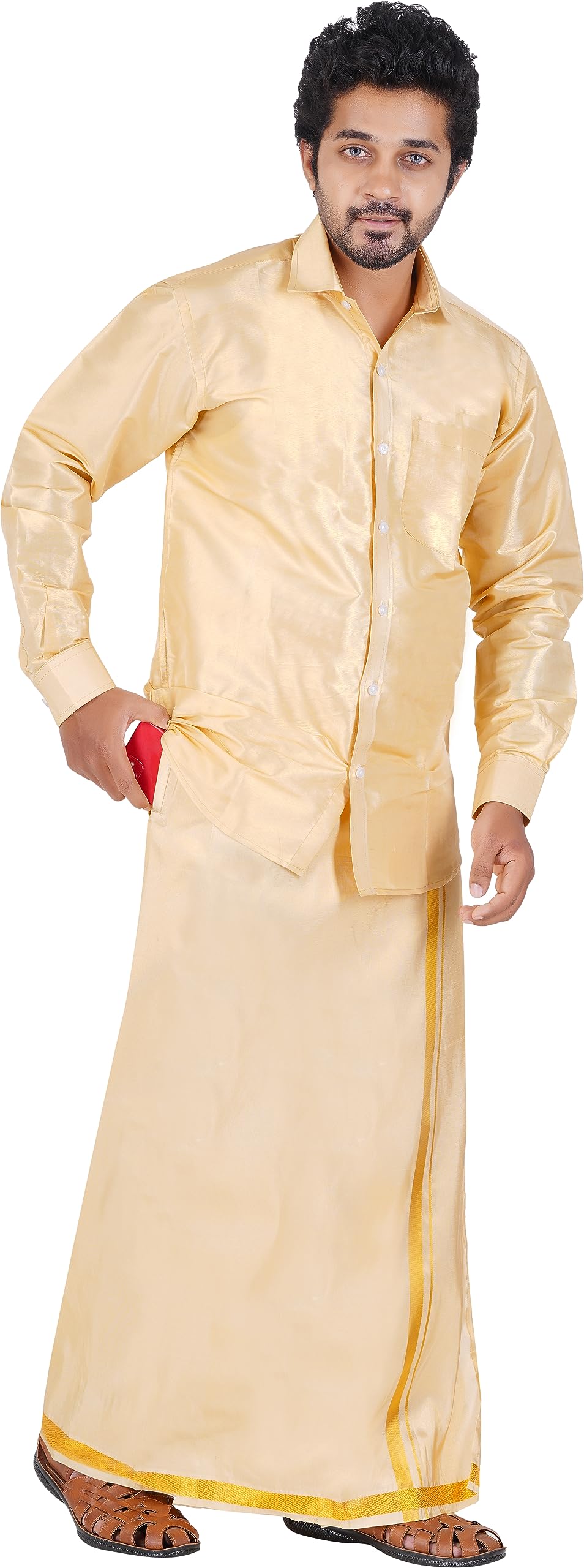 PRAKASAM COTTON-Mens Art Silk Tissue Wedding Set/Art Silk Tissue 8 Mulam (8-Yard) Dhoti and Stitched Full Sleeve Shirt