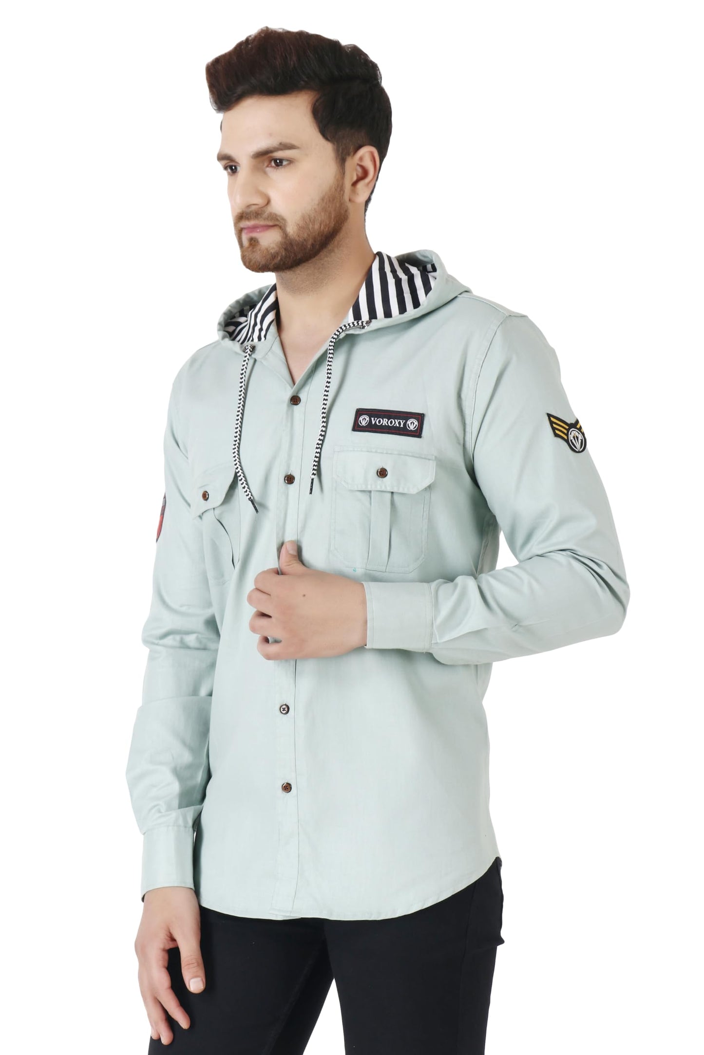 Besix MenS Grey Tailored Fit Cotton Blend Shirt For Man With Hoodie - Casual Long Sleeve Shirt With Pockets - Patch Detail For