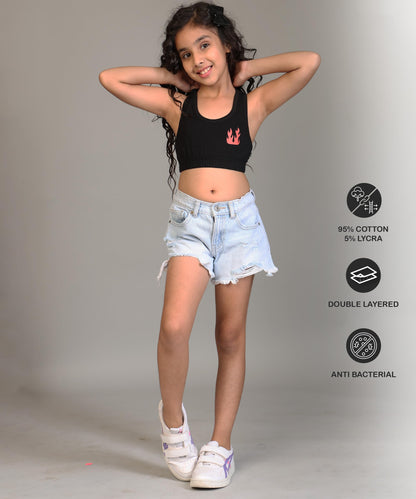 Kyda Kids Girls Antibacterial Cotton Printed Sports Bra Training Bras, Non Padded, Chest Double Layered Wireless Light Padded Br