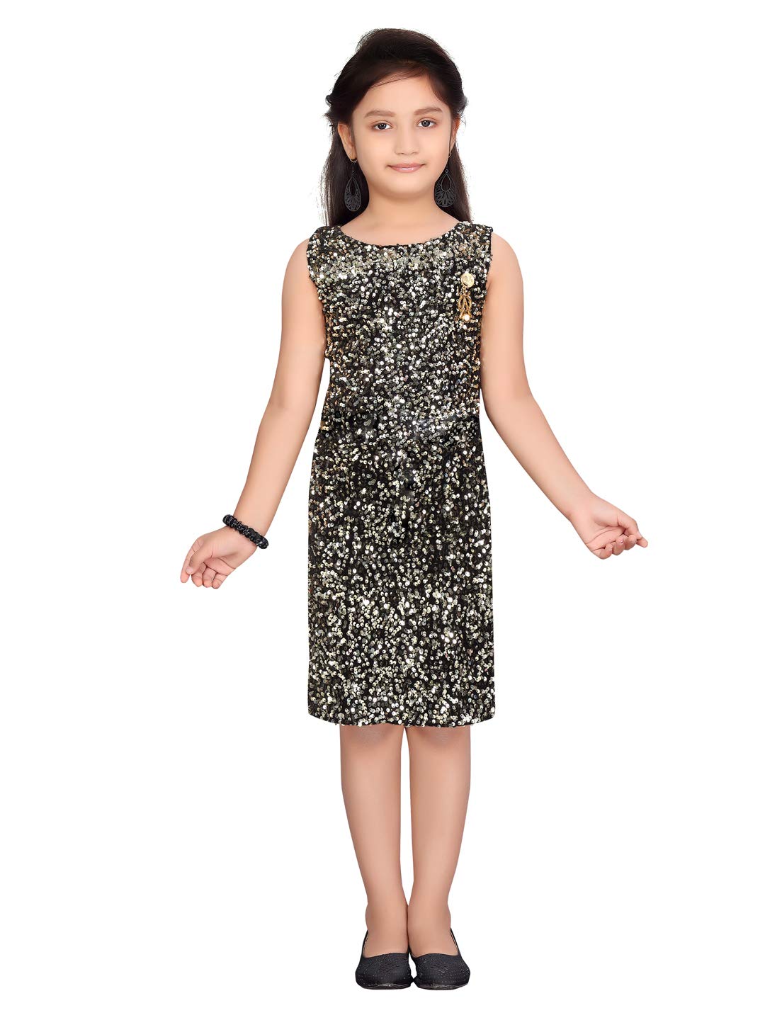 Aarika Girls Cotton Blend Skater Knee-Length Dress (DDR-1600_Gold_24)