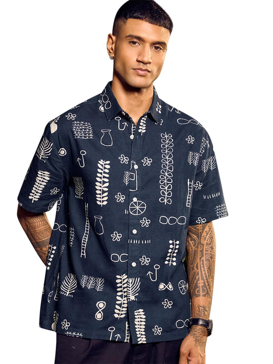 Bewakoof MenS All Over Printed Oversized Fit Half Sleeve Collar Cotton Shirt_685460_Blue_Xl