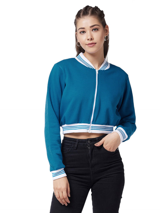Miss Chase Womens V-Neck Full Sleeve Bomber Crop Jacket (MCAW22JKT03-54-83-06, Teal, XL)
