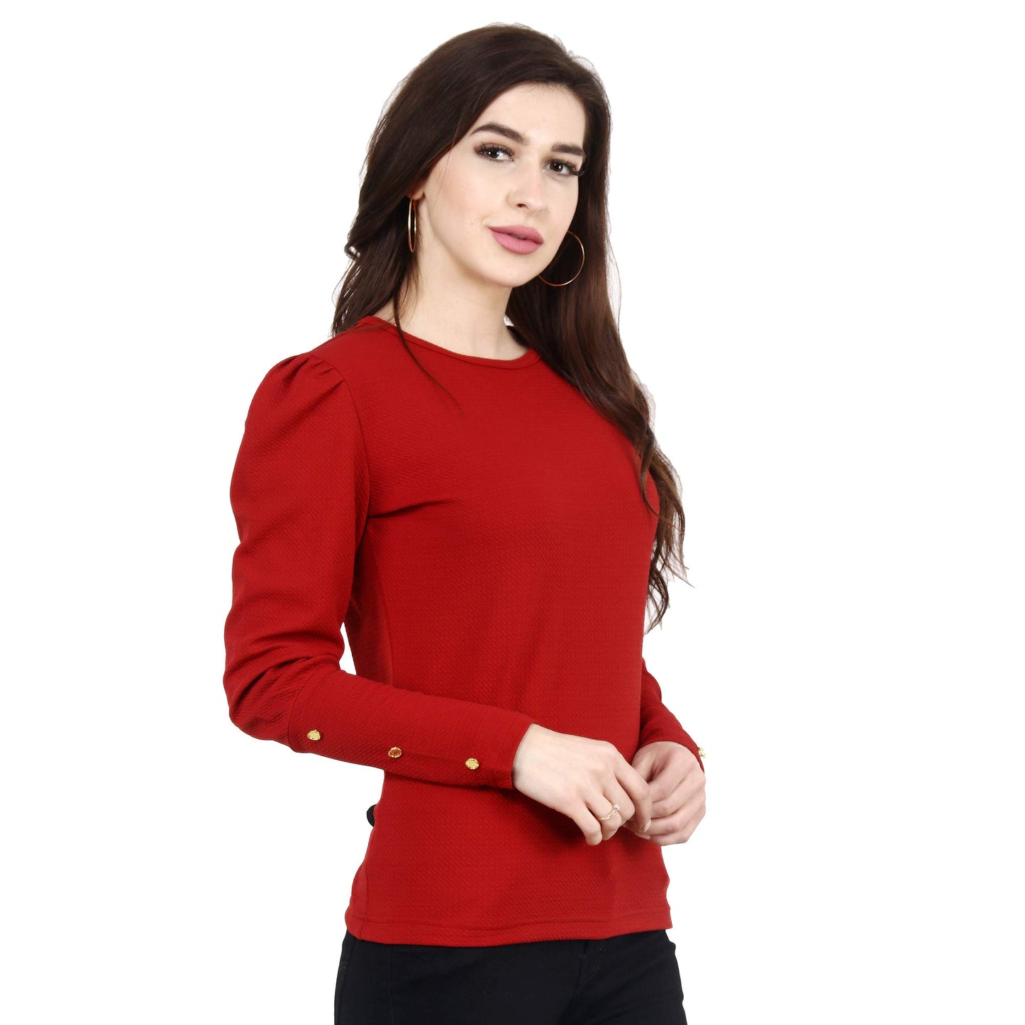 POPWINGS Casual Solid Puff Button Long Sleeves Slim Fit Tops for Women || Summer Round Neck Tops for Women || Stylish Western To