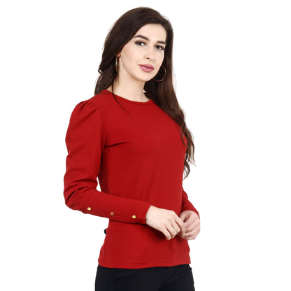 POPWINGS Casual Solid Puff Button Long Sleeves Slim Fit Tops for Women || Summer Round Neck Tops for Women || Stylish Western To