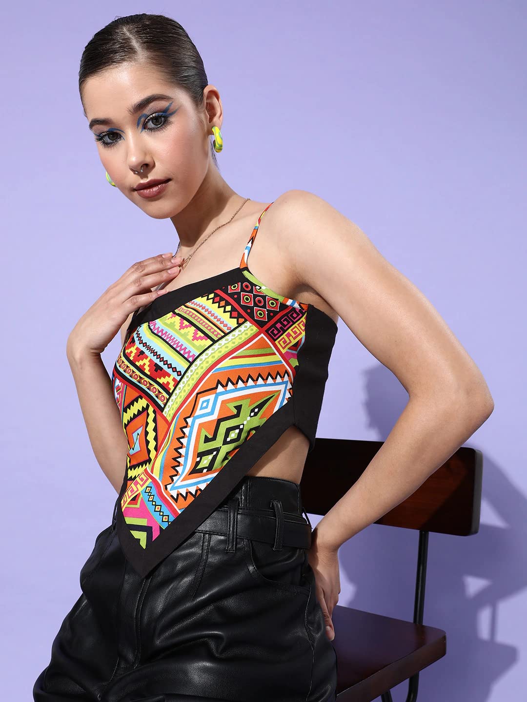 Style Quotient Yellow Green Geometric Print Crepe Scarf Crop Top