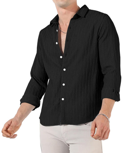 Finivo Fashion MenS Cotton Casual Striped Button Down Shirts Long Sleeve Textured Summer Beach Shirt For Men Black