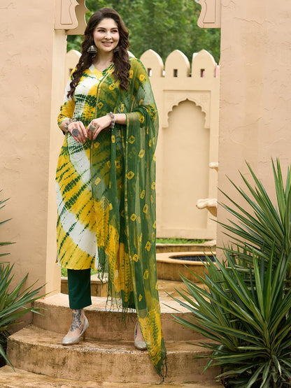 Gosriki WomenS Rayon Blend Straight Printed Kurta With Pant & Dupatta (Kerul Yellow-Gs_S_Yellow_Small)