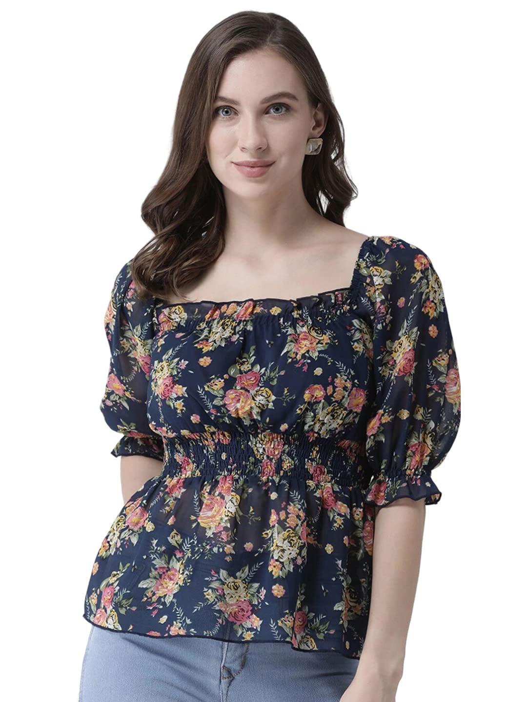 ANNI DESIGNER Womens Georgette Floral Printed Puff Sleeves Square Neck Top (BFC Blue_XL_Blue_X-Large)