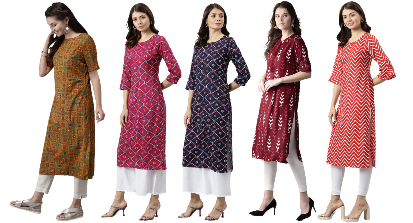 ANNI DESIGNER Women's Crepe Straight Printed Kurta Pack of 5 (Crepe-Combo-NW_045)