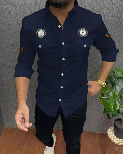 Kadiyu Double Pocket MenS Casual Fit Formal Shirt - Stylish And Comfortable Dress Shirt For Work And Everyday Wear Blue