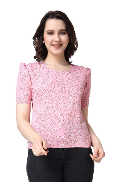 POPWINGS Casual Printed Puff Sleeves Round Neck Top for Women || Stylish Latest Summer Tops for Women || Hip-Length Women Top Li