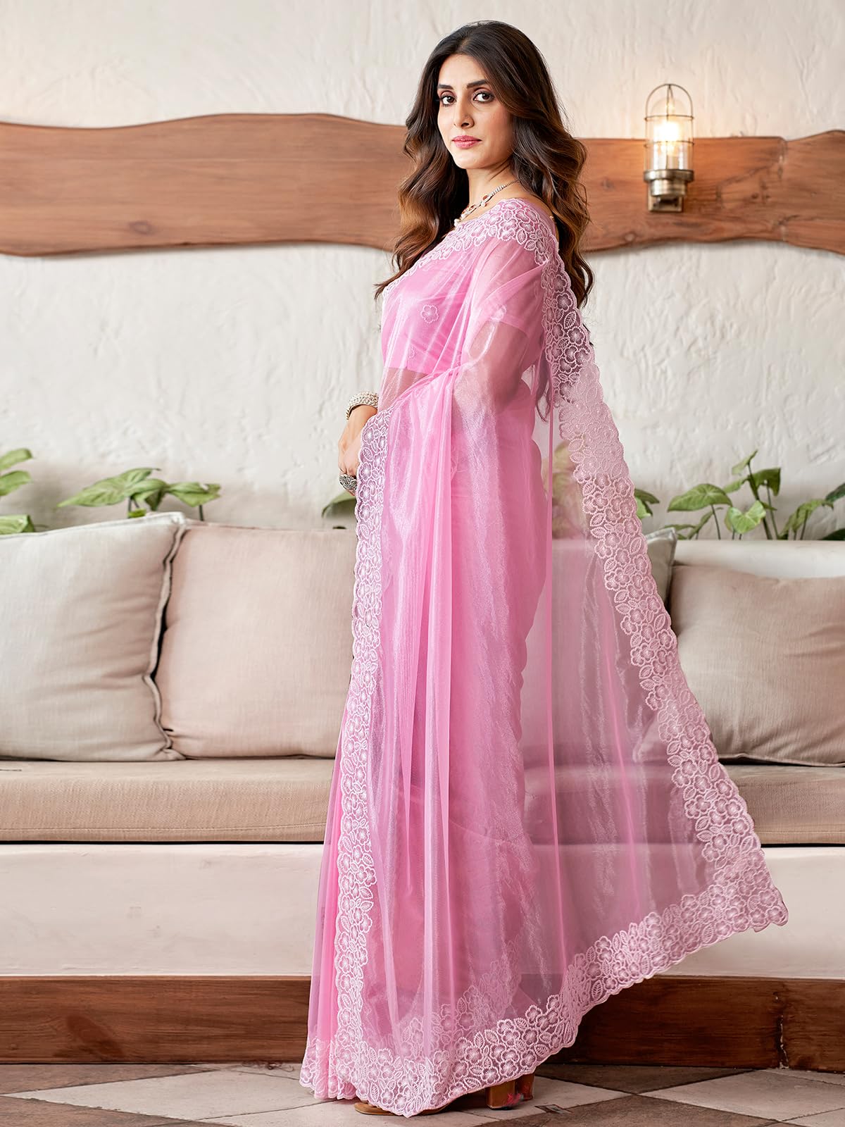 Satrani Women's Organza Saree with Embroidery Border, Unstitched Blouse, Pink, One Size, Model 3734S351N