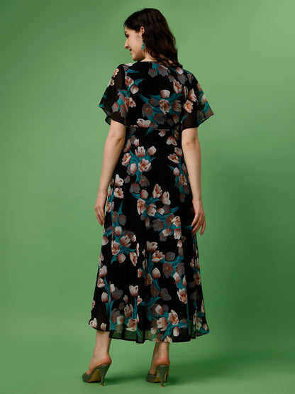 Fashion2Wear WomenS Georgette Midi Dress With V Neck Floral Printed A Line Style Knee Length Half Ruffle Sleeves And Regular Fi