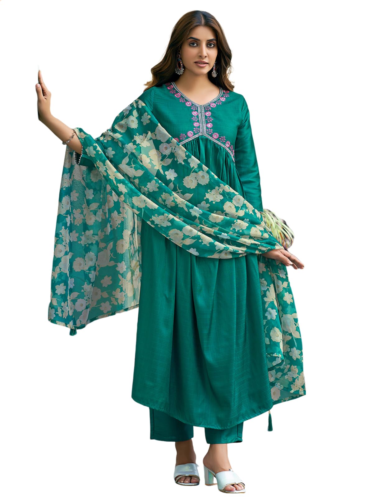 Sanisa Womens Art Silk Sequence Embroidery Work Gota Lace Alia Cut Kurta with Pant and Dupatta Set| Ethnic Set | Suit Set | Kur