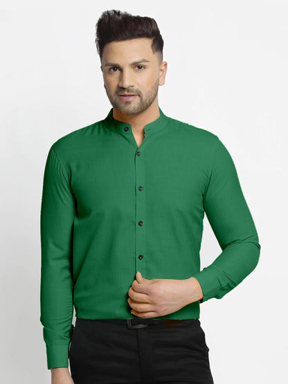 Mildin MenS Regular Cotton Blend Light Green Slim Fit Solid Button Down Mandarin Chinese Collar Full Sleeve Curved Hemline Casu