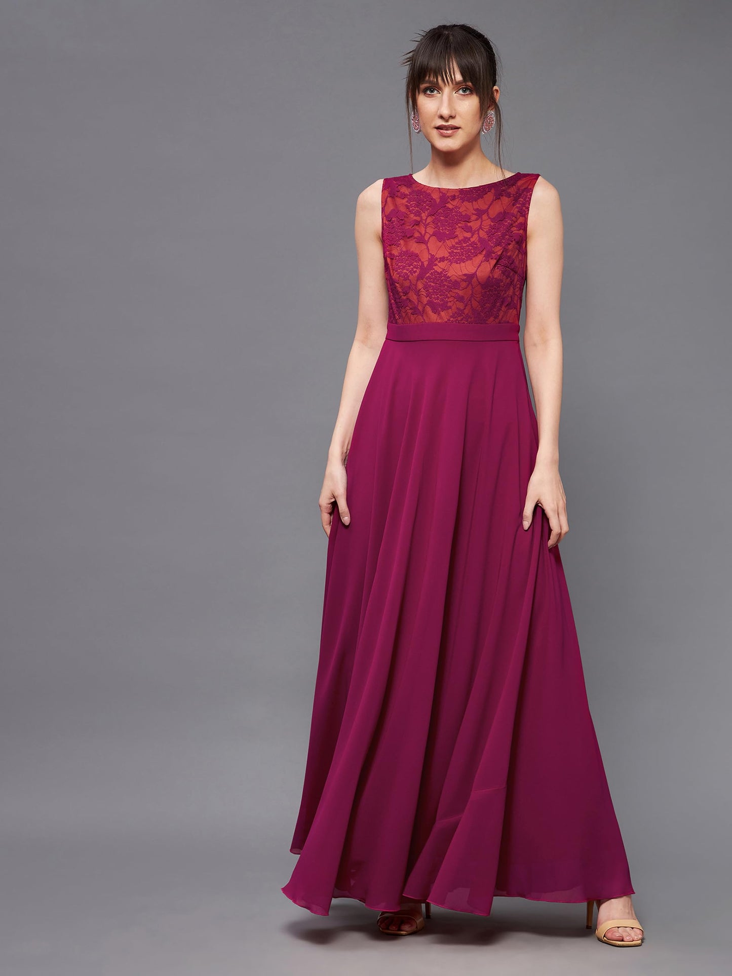 Miss Chase WomenS Round Neck Sleeveless Georgette Floral Lace Fit & Flare Maxi Dress Dark Pink