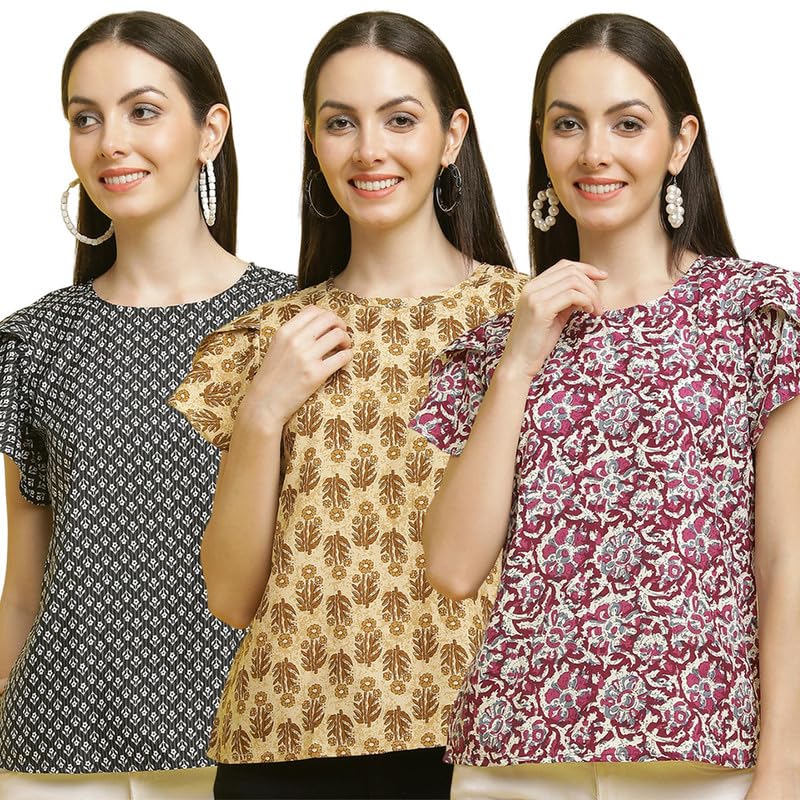 Pinkmint Womens Printed Combo Tops ll Regular Fit Ruffle Trim Petal Sleeve ll Fancy Girls Top (Pack of 3)