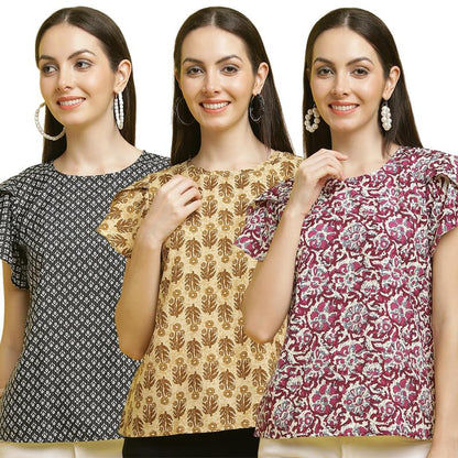 Pinkmint Womens Printed Combo Tops ll Regular Fit Ruffle Trim Petal Sleeve ll Fancy Girls Top (Pack of 3)