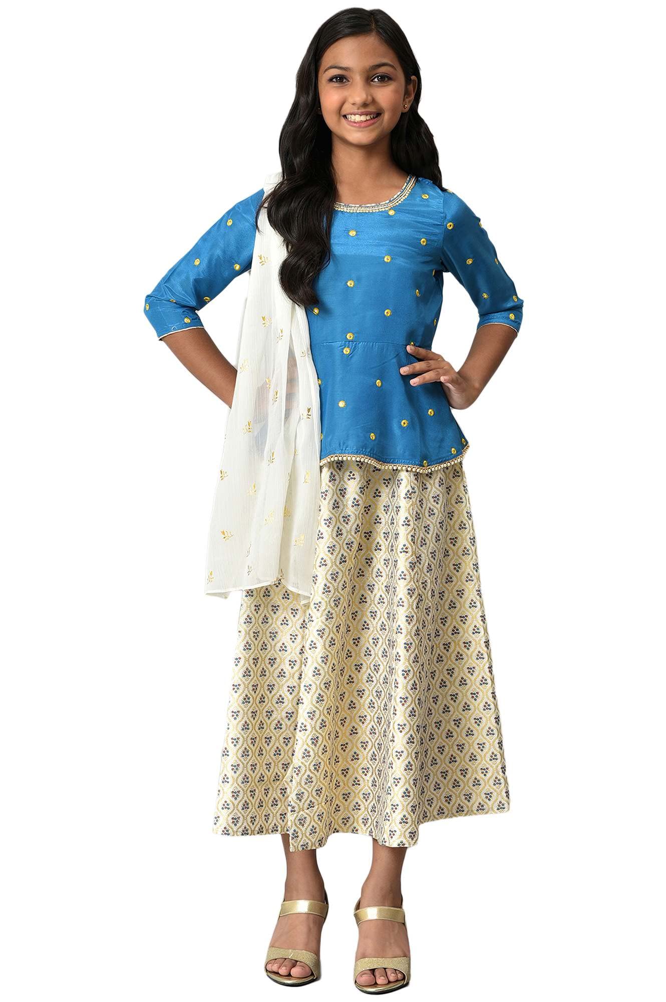 Aurelia Girl's Polyester Kurta-Flared Skirt-Dupatta (22AUG10204A-604509_Blue