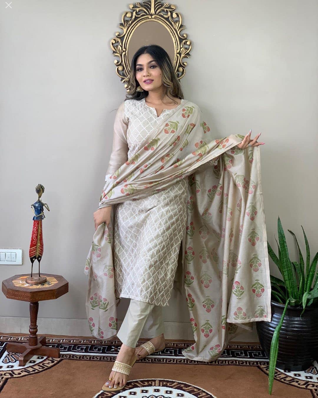 Gosriki WomenS Cotton Blend Embroidered Straight Kurta With Pant & Dupatta (Mysuru-Cream-Nw-Gs_L_Cream_Large)