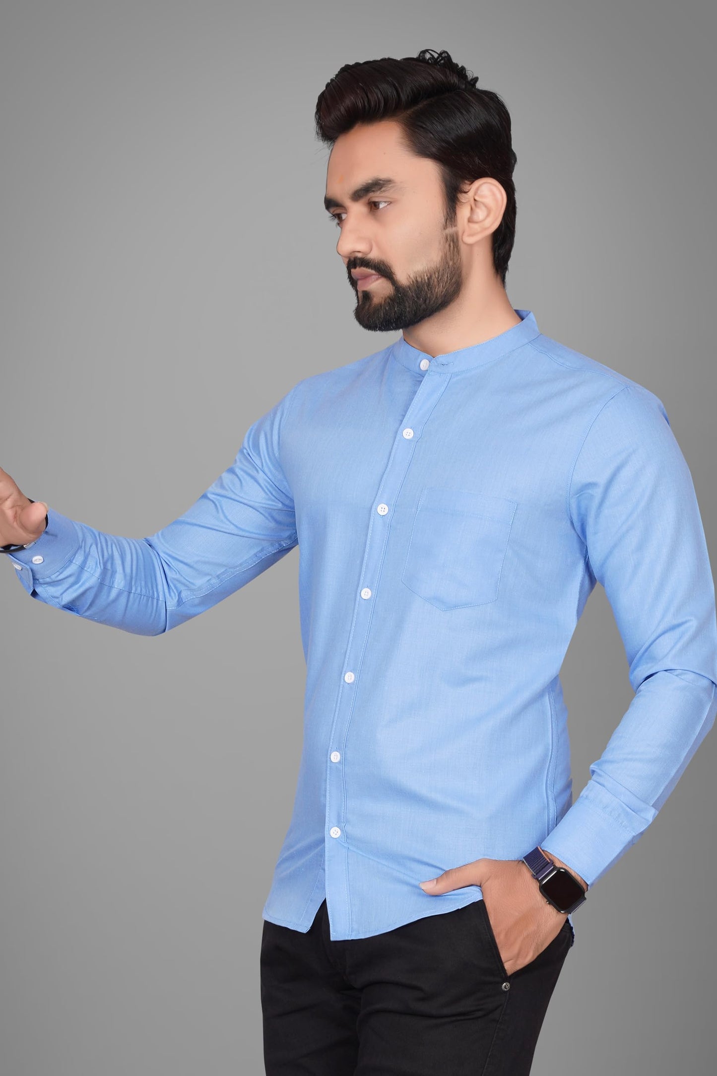 Besix MenS Cotton Solid Shirt With Mandarin Collared Full Sleeve Button Closure Curved Hem Straight Length And One Pocket | Mdr