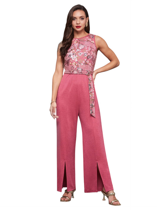 Miss Chase Womens Sleeveless Embroidered Straight Leg Regular Length Jumpsuit (MCSS25D93-83-122-03, Pink, S)