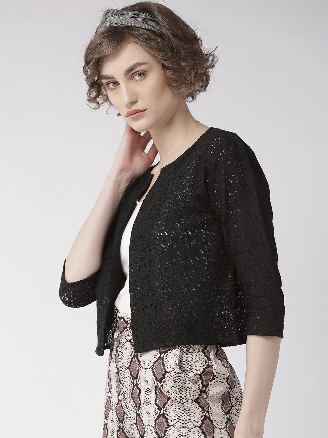 Style Quotient Women Black Self Design Floral lace Regular Open Front Shrug