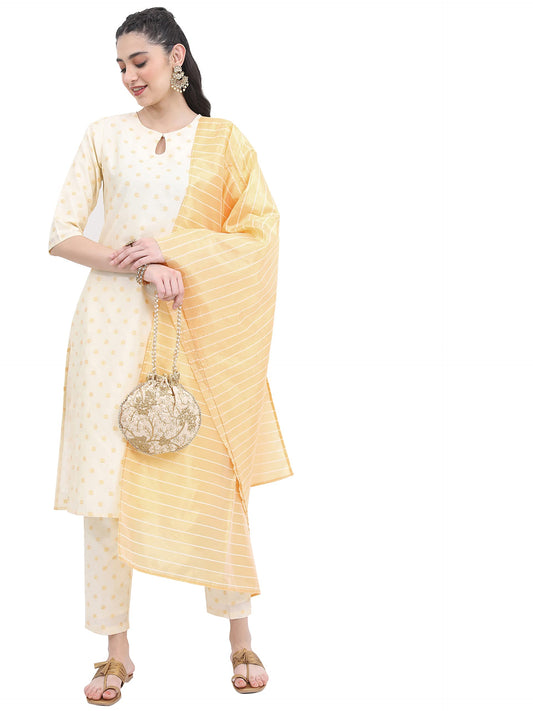 KETCH Polyester Women's Regular Fit Self Design Threeforth Sleeve Kurta With Pant & Dupatta