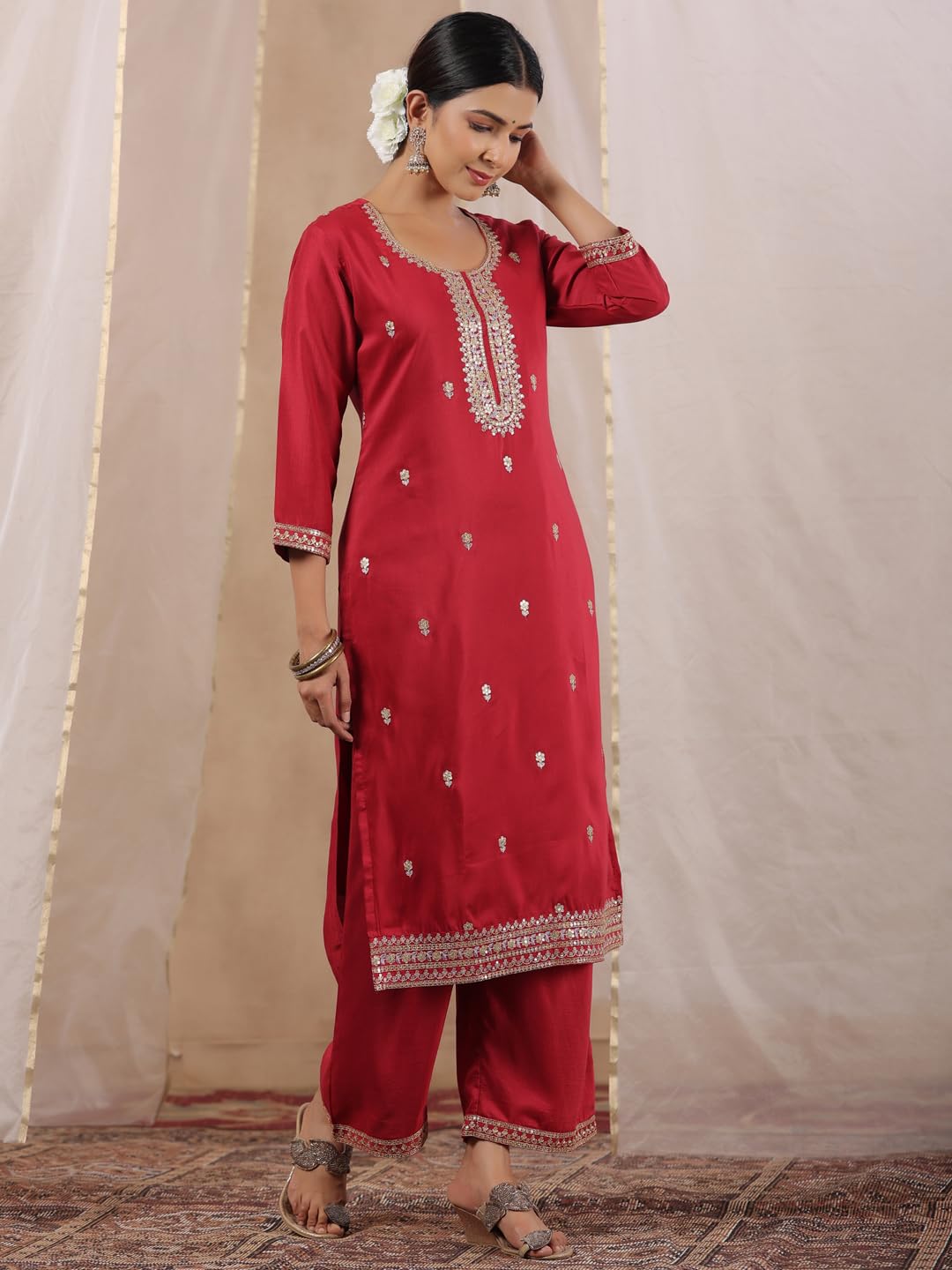 Ishin WomenS Fuchsia Zari Work Ethnic Motifs Poly Silk Straight Kurta