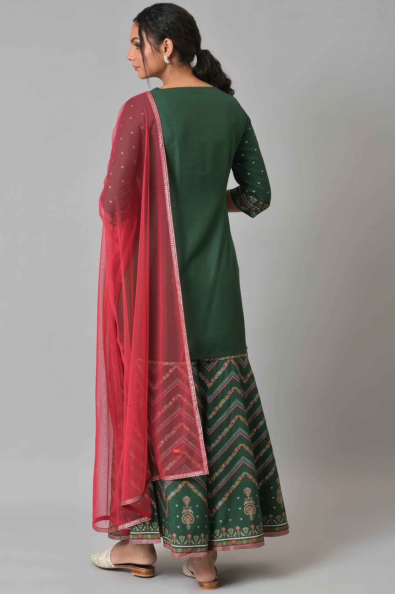 W WomenS Dark Green Floral Printed Kurta Dupatta Bottomwear With Sequins