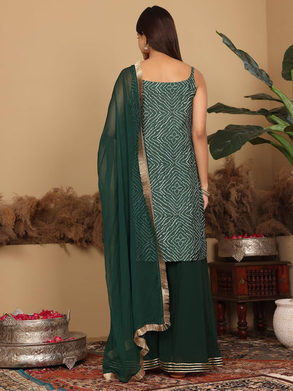 Varanga Womens Green Bandhini Printed Kurta Paired With Sharara And Dupatta
