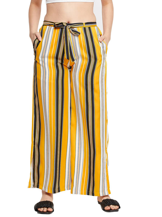 Clovia Womens Crepe Sassy Stripes Flared Pants with Pocket (RW0042E02_Yellow_M)
