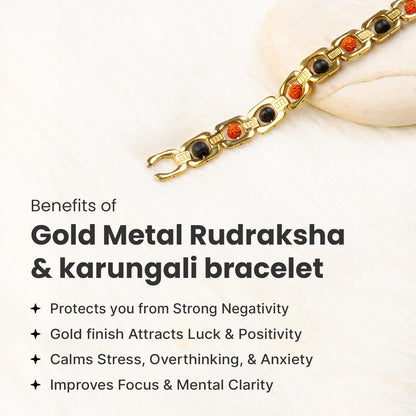 Astrotalk Metal Rudraksha & Karungali Bracelet (Gold) | Spiritual Protection & Mental Peace Energy | Ebony Wood & 5 Mukhi Rudraksha Healing Bracelet for Man & Women | Gift for Man & Woman