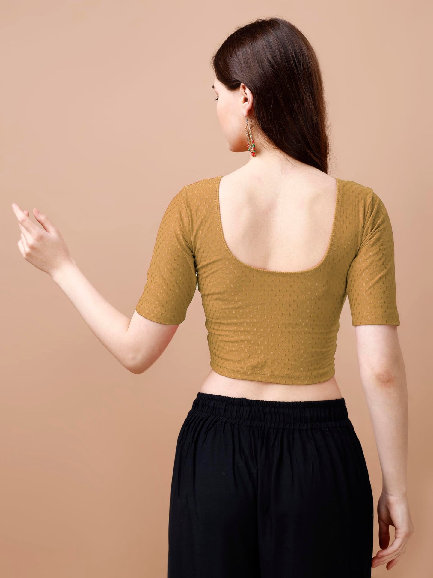 Pujia Mills WomenS Readymade Dobby Cotton Lycra Stretchable Round Neck Half Sleeve Blouse Fancy Gold Color Lycra Stretchable Bl