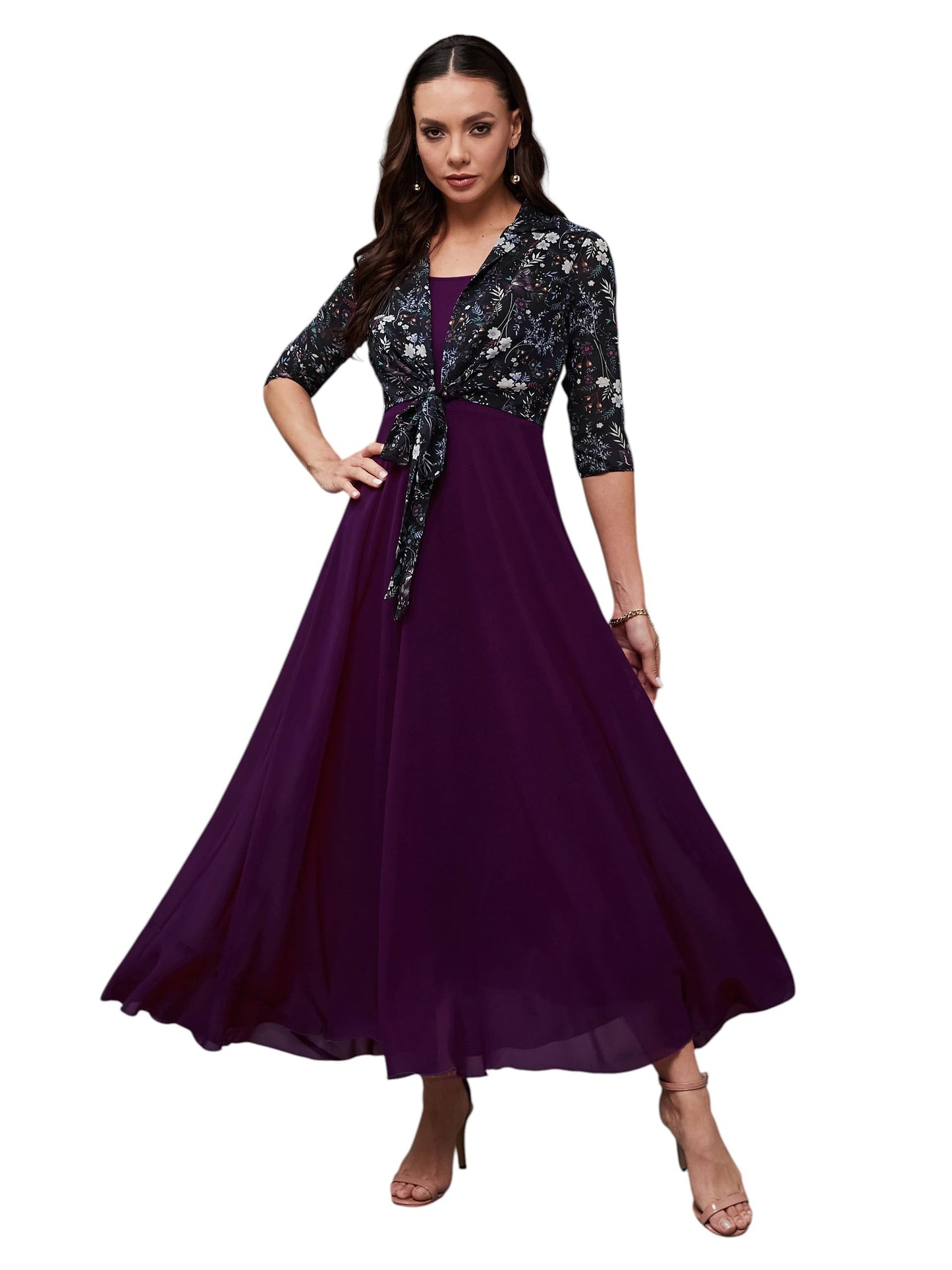 Miss Chase Womens Floral Notched Collar 3/4 Sleeve Georgette Jacket Style Maxi Dress (MCSS23D16-34-314-06, Multicolored-Base-Da
