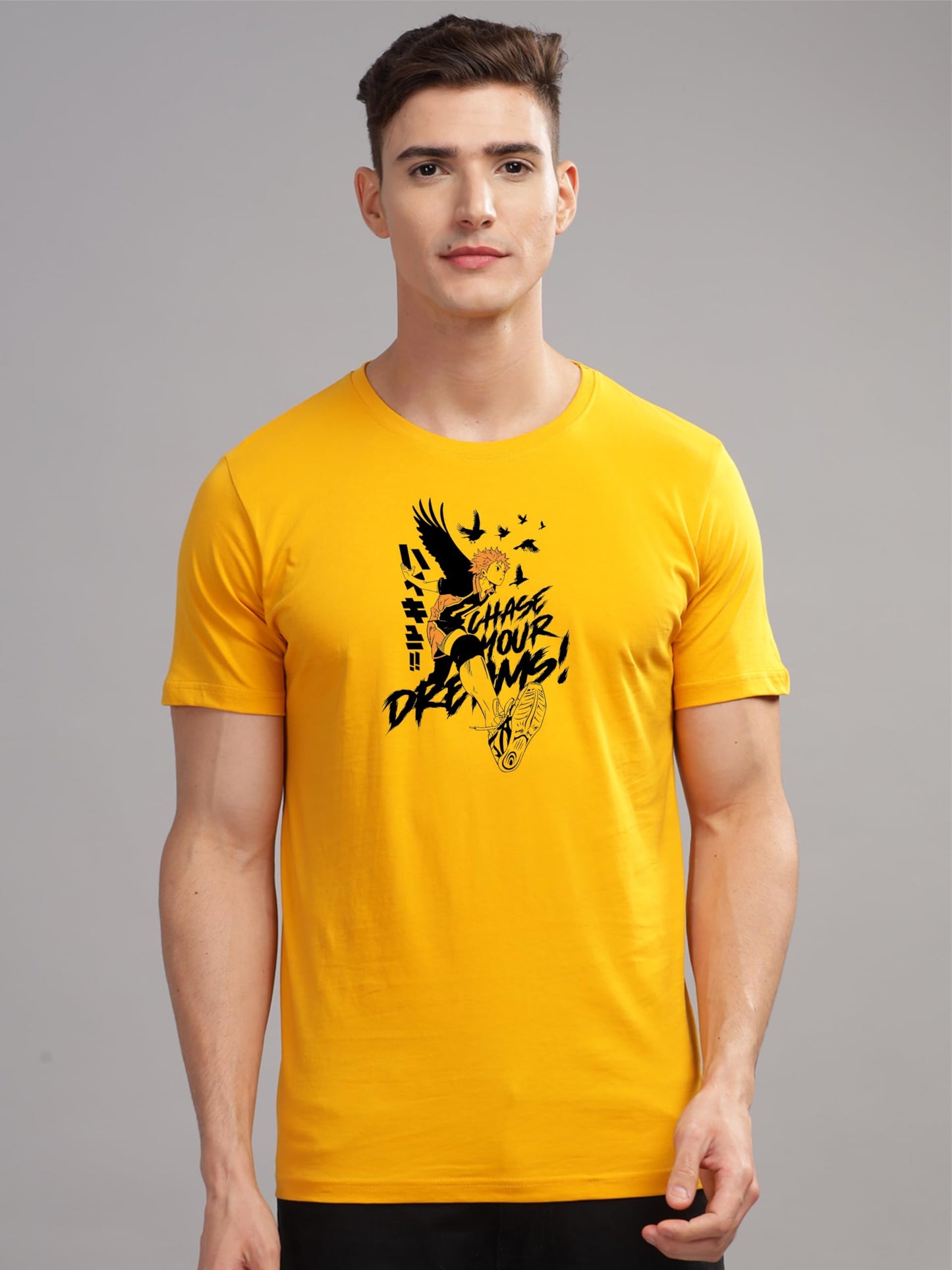 ADRO Mens Anime T Shirt - Premium Cotton Printed Haikyuu Tshirt - Perfect for Haikyuu Fans Print and Comfortable Fit Mustard T-S