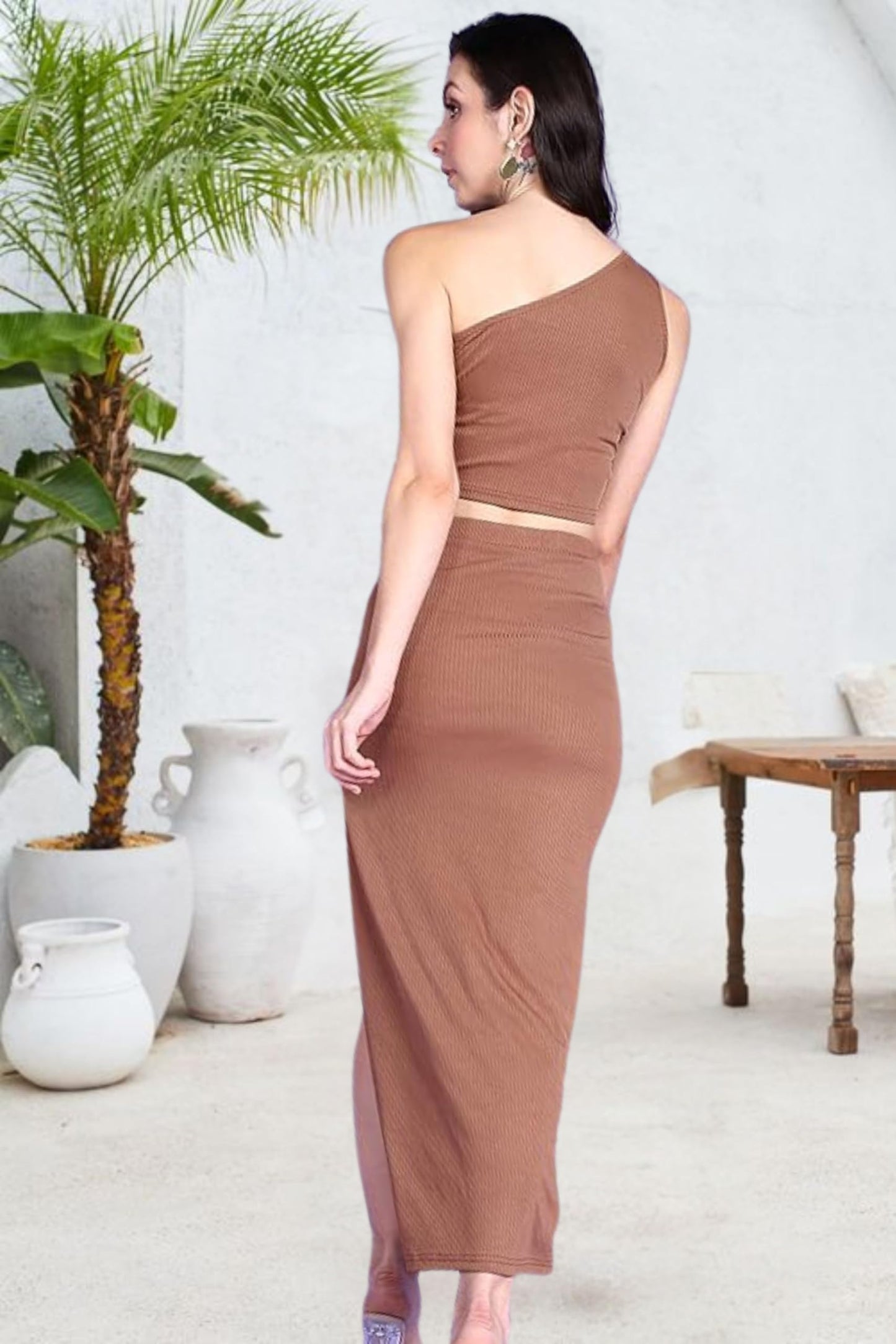 POPWINGS Polyester Casual Solid Top And Skirt Set For Women | Stylish Western Co-Ord Set For Women | Crop Top And Long Slit Skir
