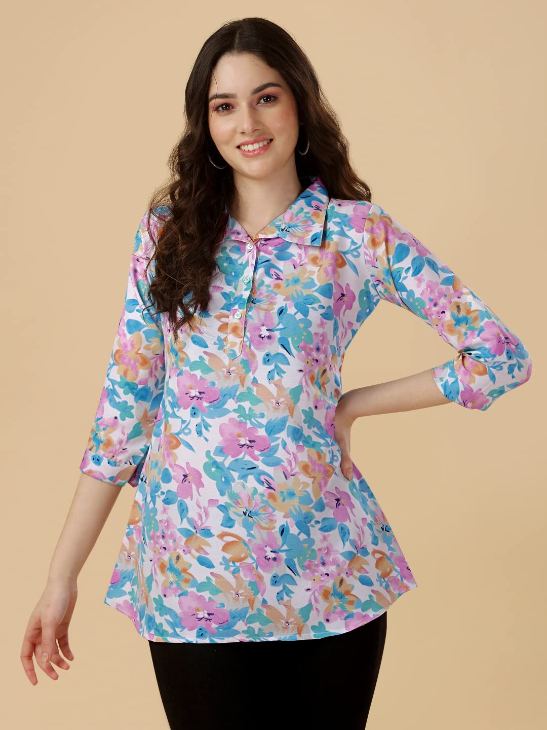 Gufrina WomenS Rayon Top With Buttons 3/4Th Sleeves Abstract Printed Regular Fit Mandarin Neck And Standard Length