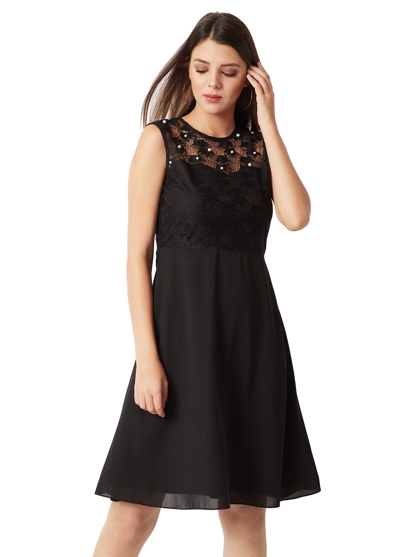 Miss Chase WomenS Black Round Neck Sleeveless Solid Paneled Lace And Pearl Detailing Knee Length Skater Dress (Mcaw18D10-88-62_