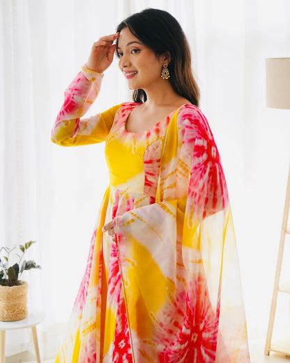 Wedani Women Floral Print Anarkali Kurta with Pant and Duptta (X-Large, Yellow)