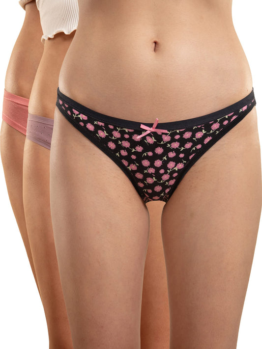 NYKD (NYP030 Assorted (Pack of 3) Low Rise Bikini Panty Underwear for Women | Super Soft, Breathable Cotton with Anti Microbial